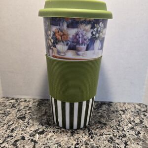Century Ceramic Travel Mug~Cup~flowers~Silicone Lid~Gripper~EXC!